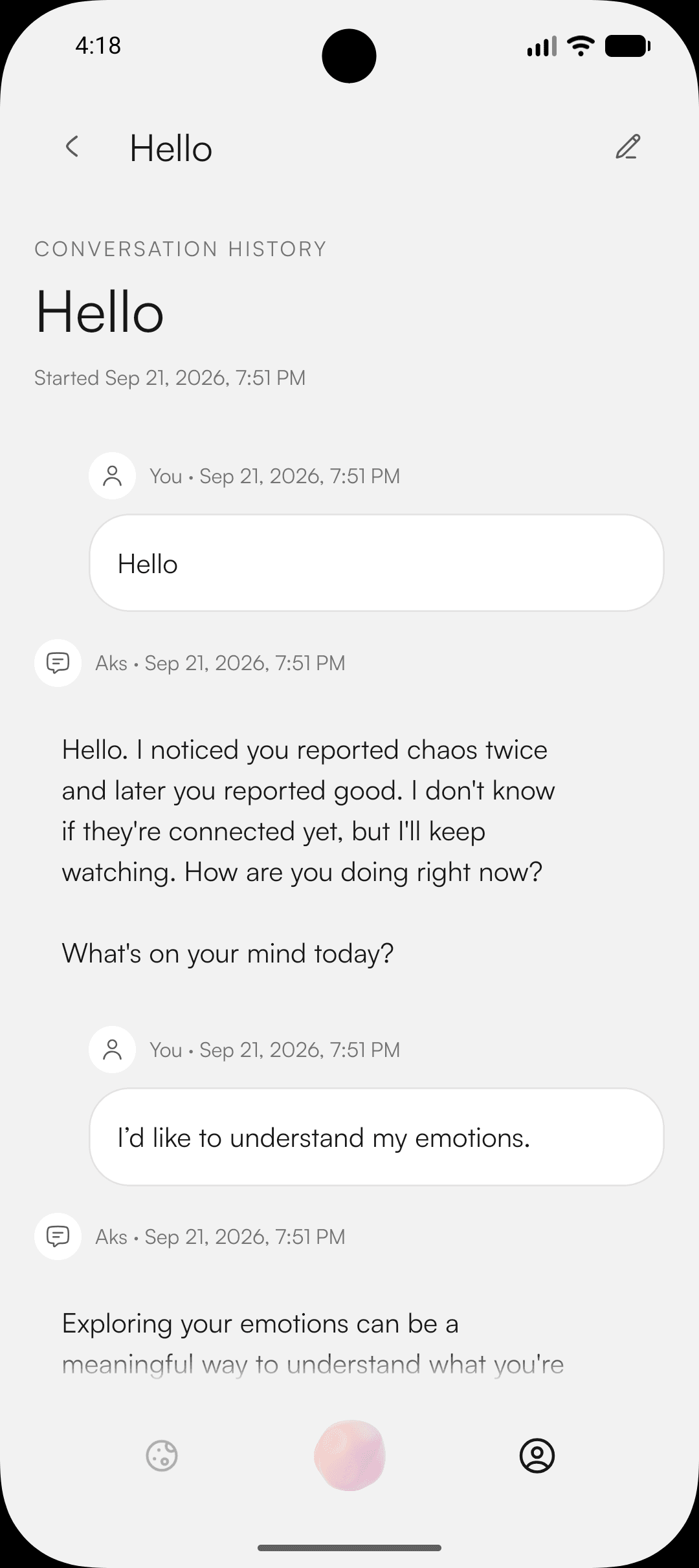 A real Mirror conversation where Aks recalls earlier check-ins and asks what's on the user's mind